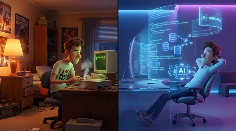 From PEEK and POKE to "Build me an auth system" — forty years of progress in one split screen