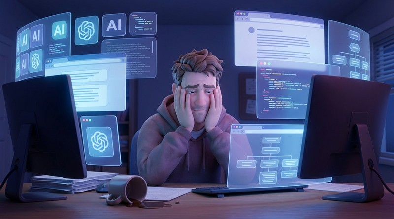 Head in hands, surrounded by monitors screaming about the next big thing — the AI treadmill in full effect