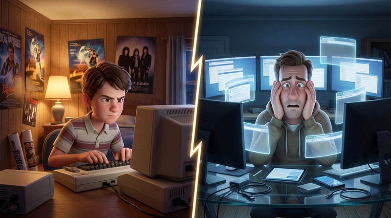 Then vs now — a focused teenager at a beige Commodore 64 in warm light, and a overwhelmed adult drowning in screens and cool blue glow